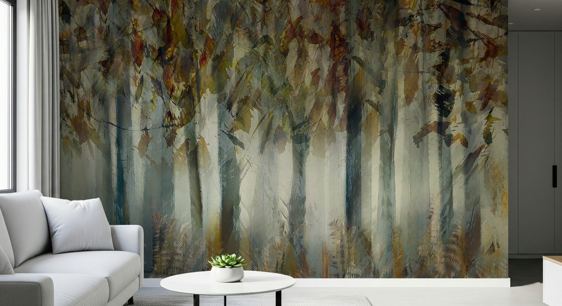 A calming serene forest wallpaper mural that defines a space., GD5557