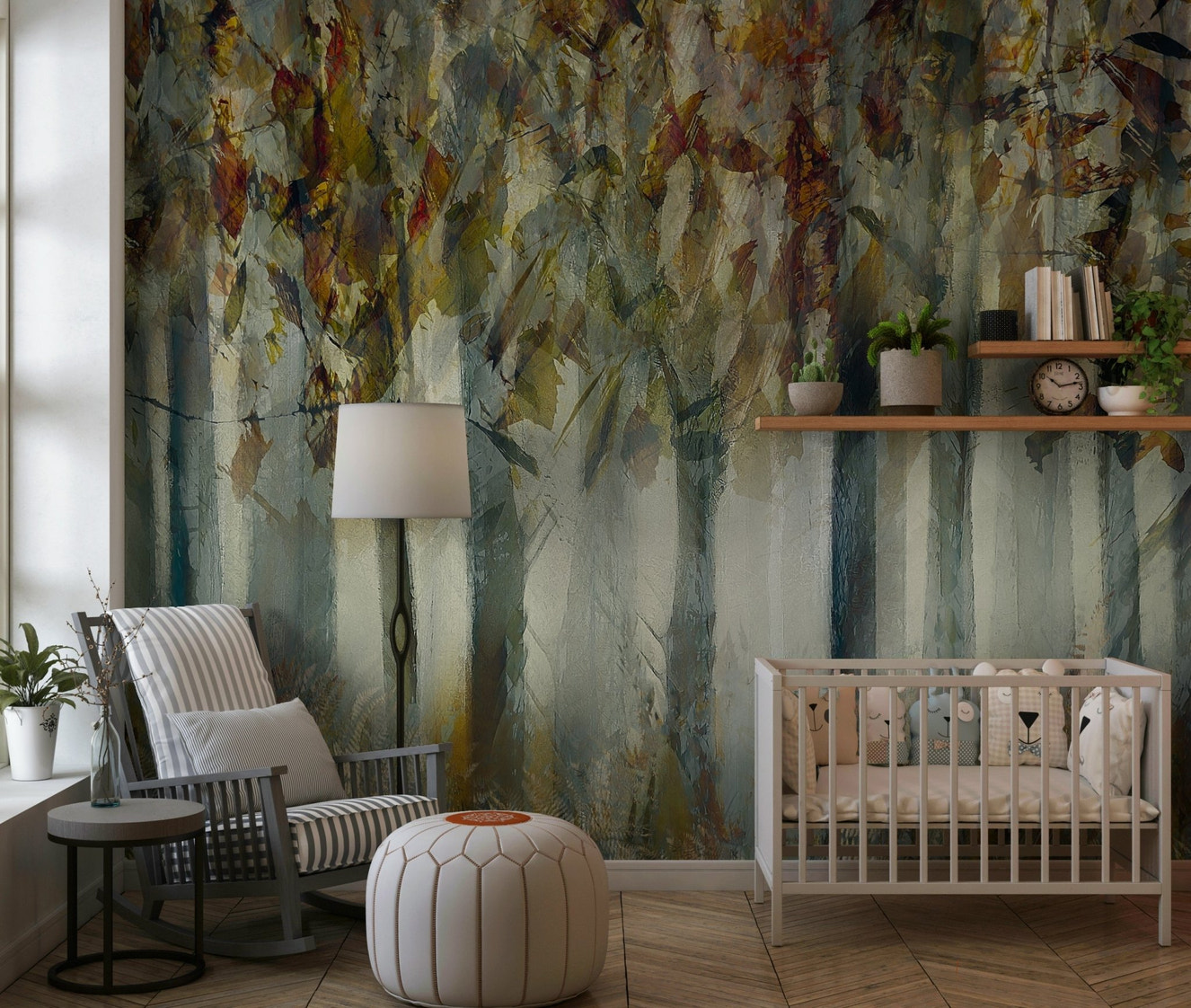 A beautiful ethereal forest wallpaper mural with subtle, misty trees.