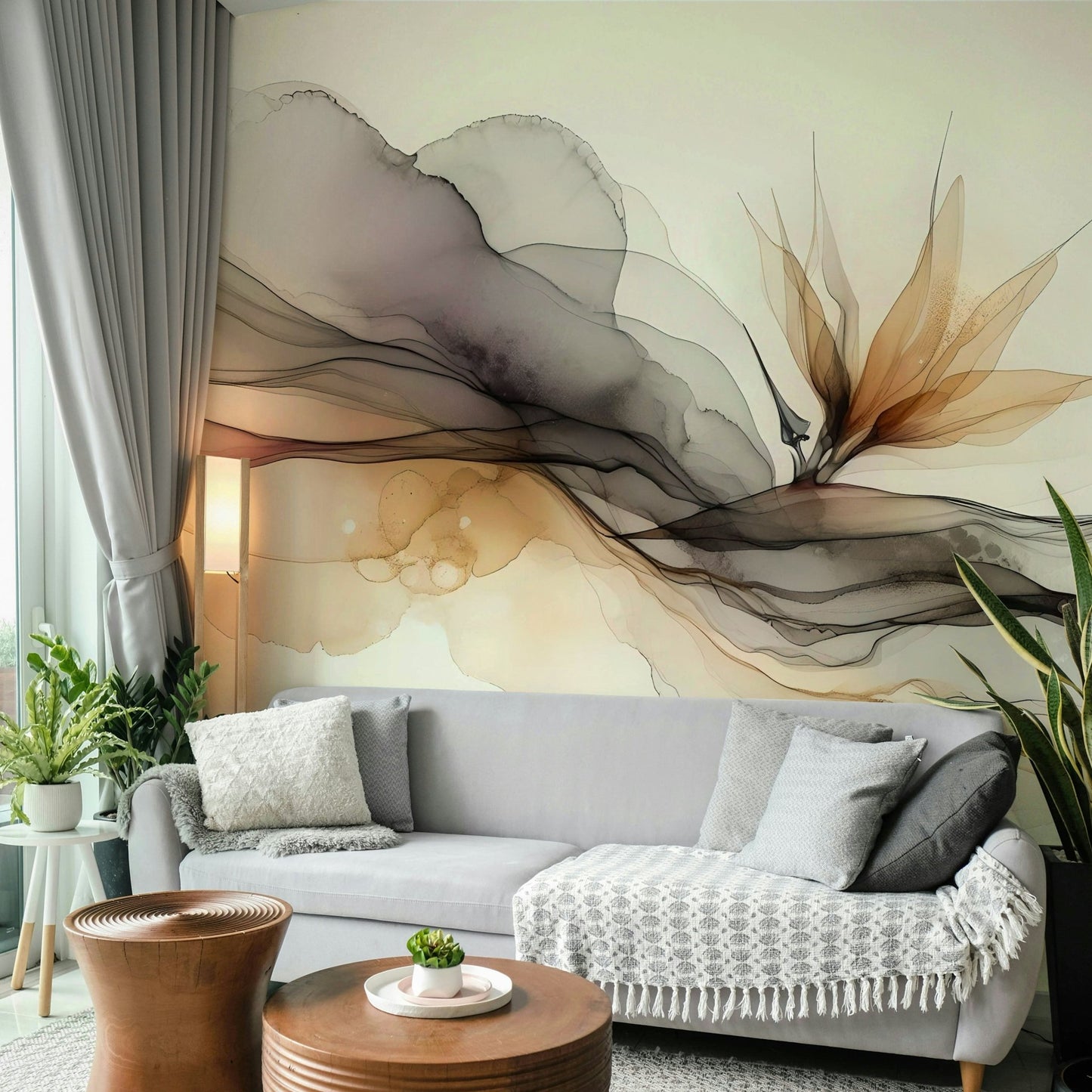 Ethereal abstract ink mural for living room walls, GD1644
