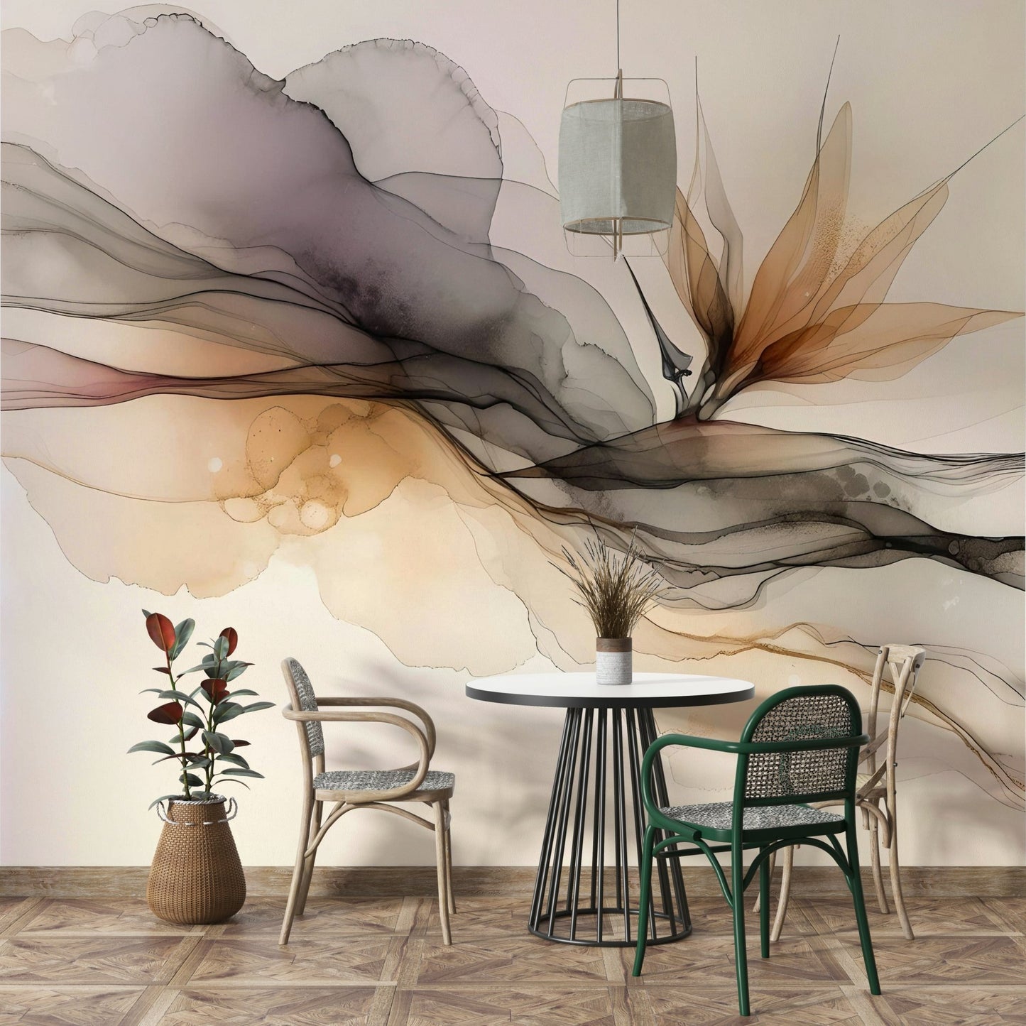 Soft ink flow wall mural for tranquil rooms, GD1644