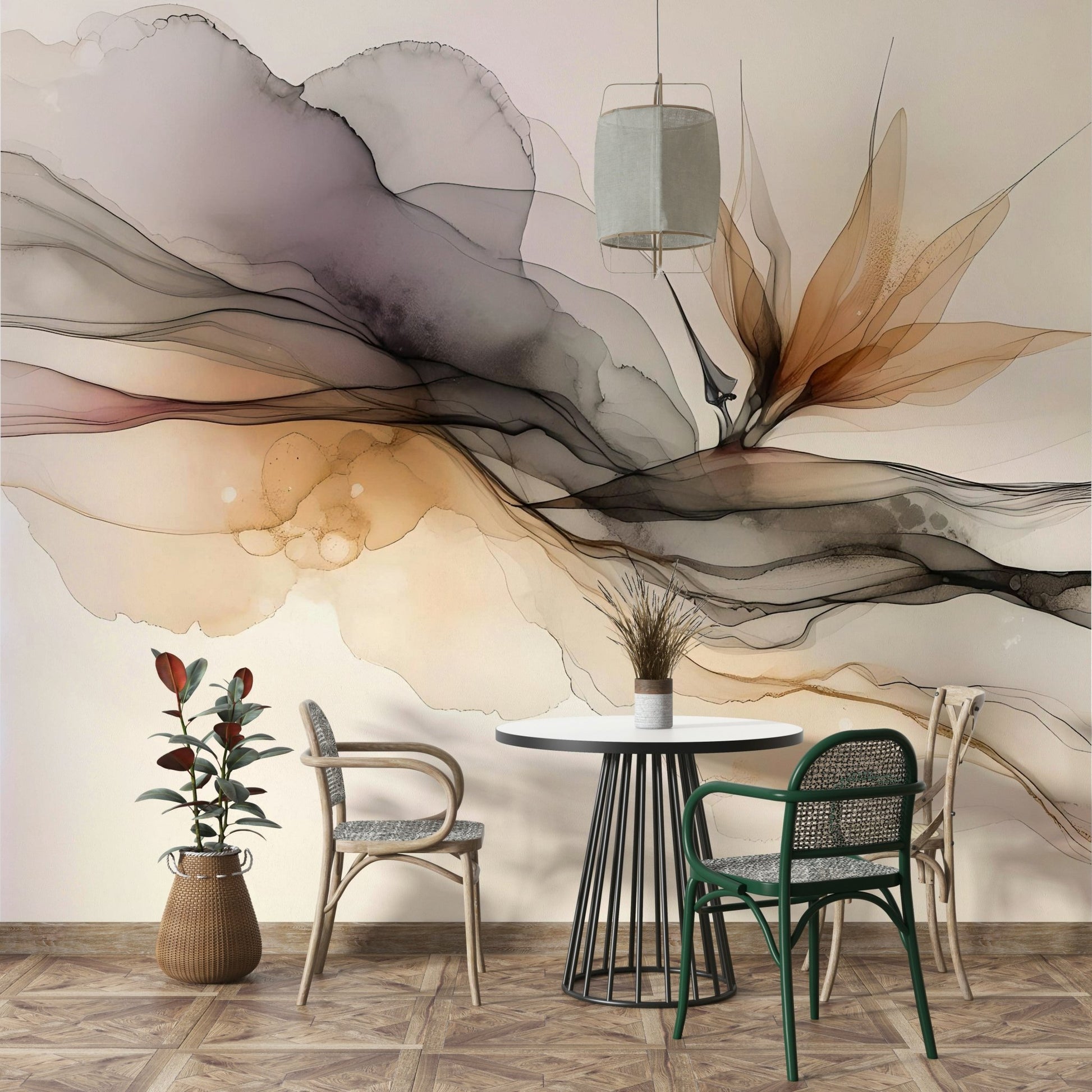 Soft ink flow wall mural for tranquil rooms, GD1644