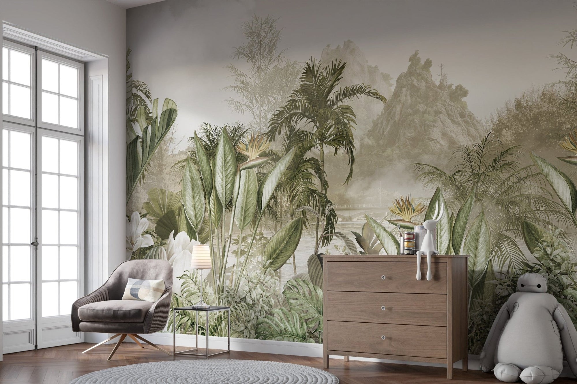 Serene ethereal jungle panorama mural wallpaper for living room walls., C232