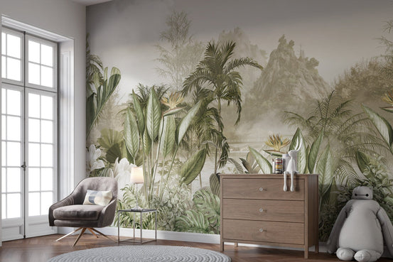 Serene ethereal jungle panorama mural wallpaper for living room walls., C232