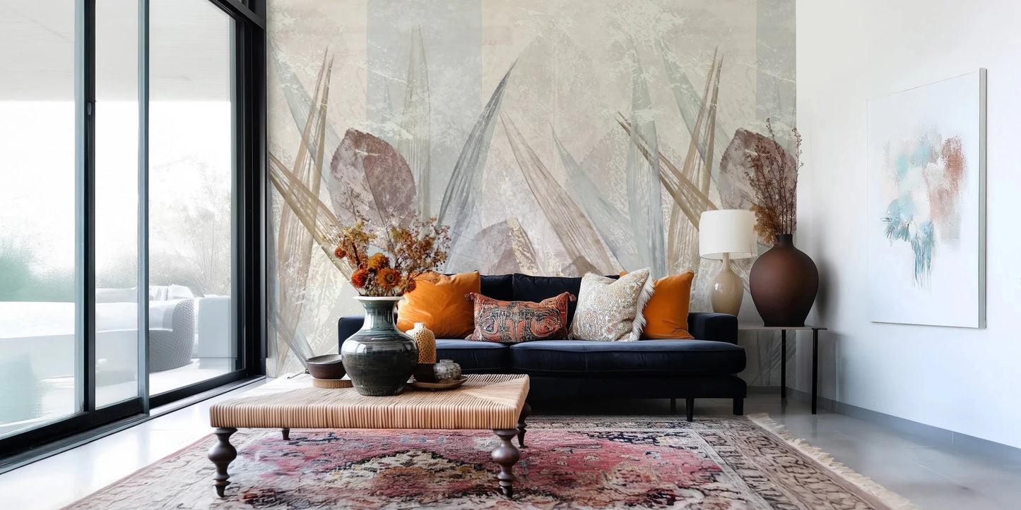 Window-side nook with Ethereal Leaves Cream Wall Mural and styled decor