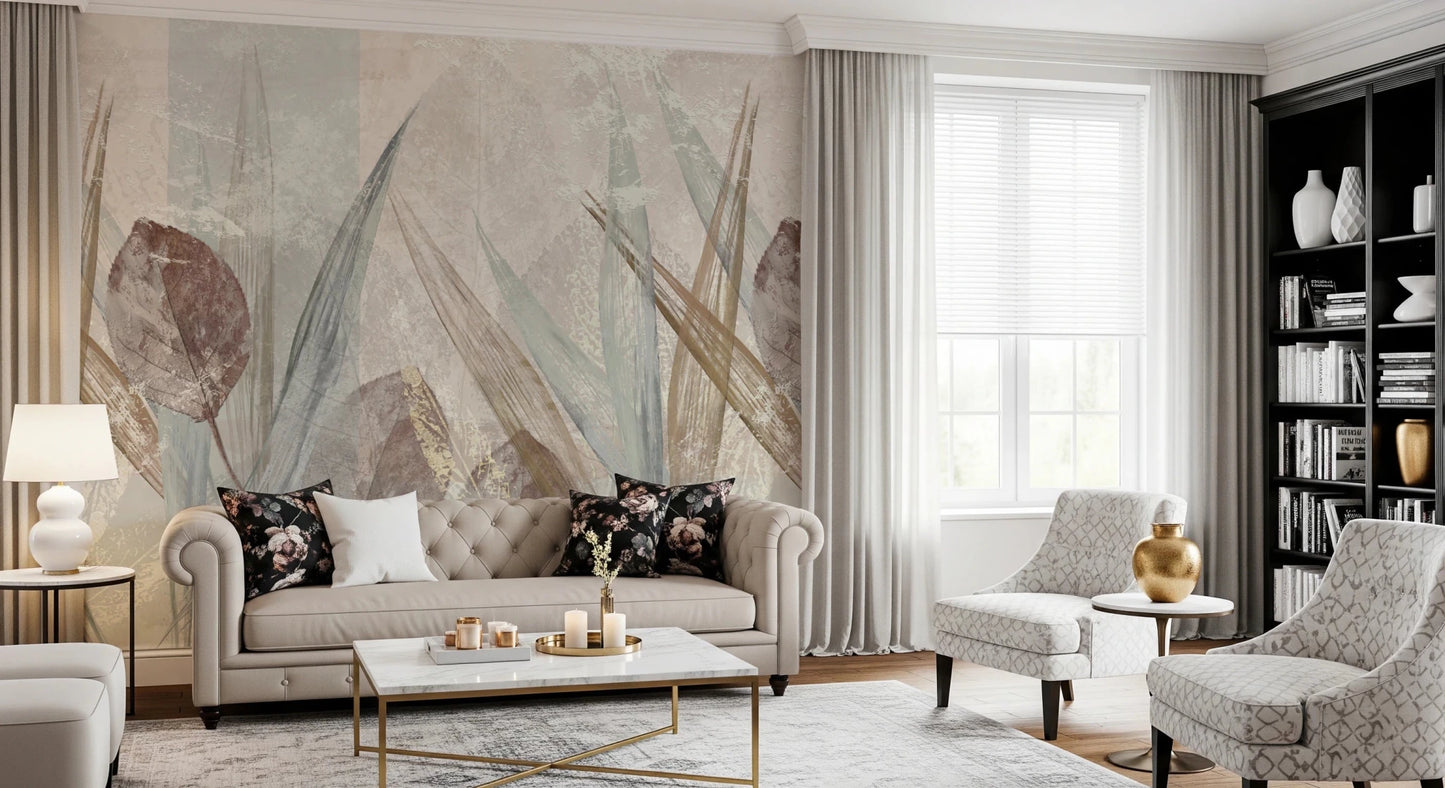 Living room with Ethereal Leaves Cream Wall Mural and soft leaf artwork