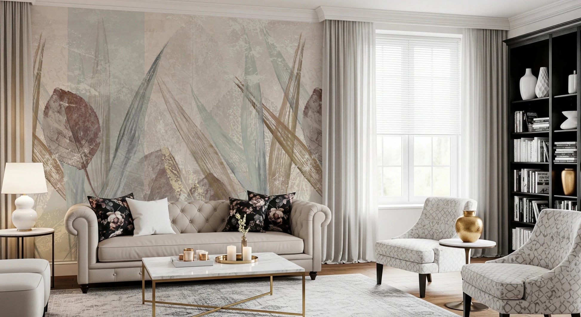 Living room with Ethereal Leaves Cream Wall Mural and soft leaf artwork