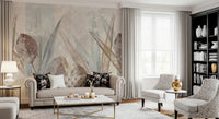 Living room with Ethereal Leaves Cream Wall Mural and soft leaf artwork