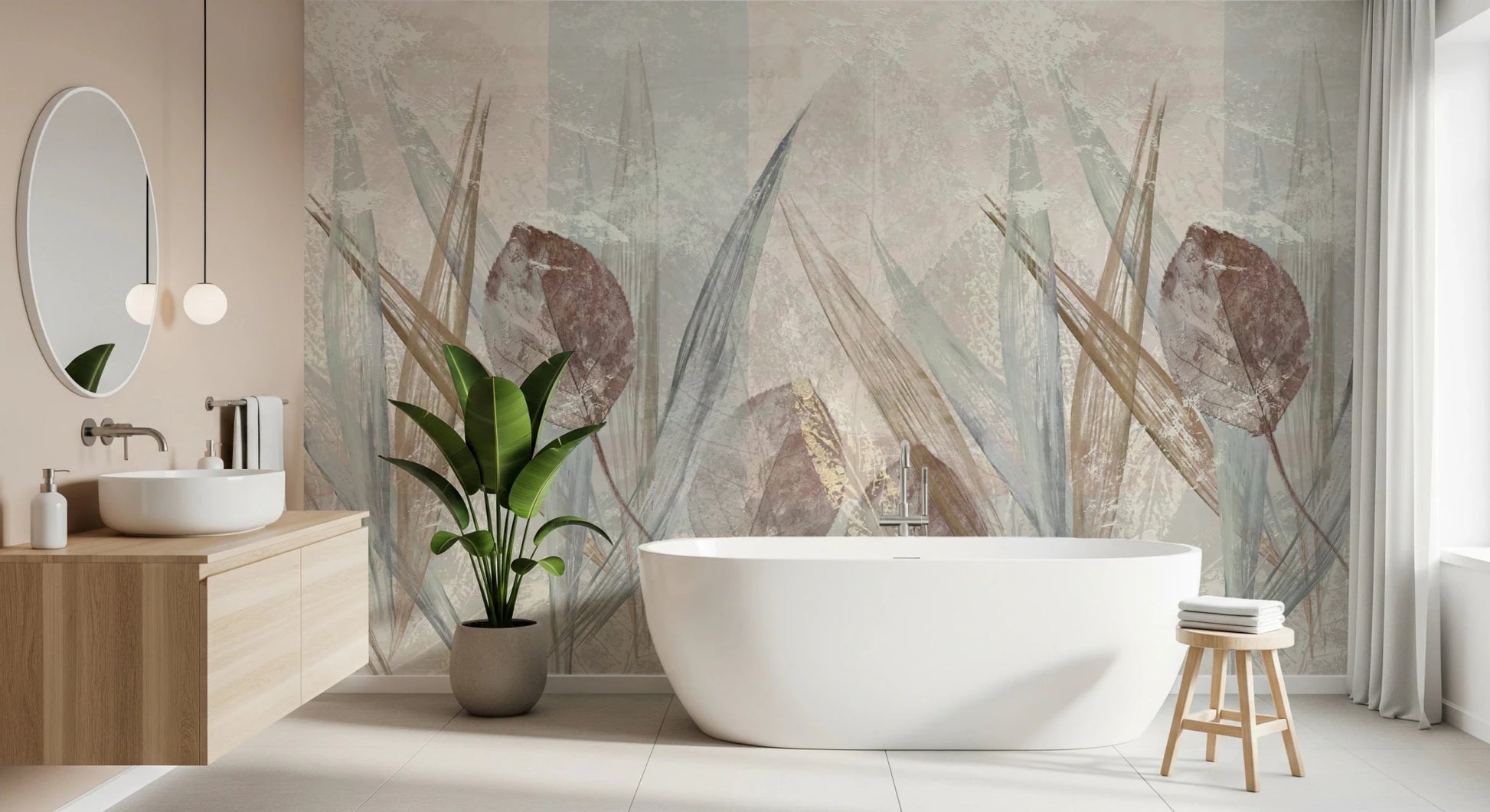 Bathroom with Ethereal Leaves Cream Wall Mural and a freestanding tub