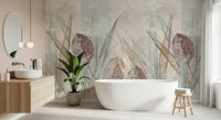 Bathroom with Ethereal Leaves Cream Wall Mural and a freestanding tub