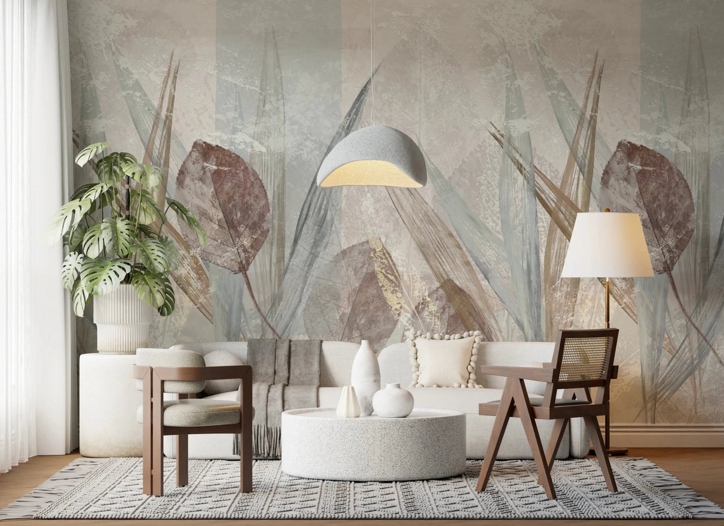 Sitting nook with Ethereal Leaves Cream Wall Mural and soft lamp lighting