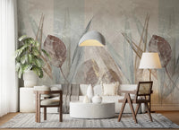 Sitting nook with Ethereal Leaves Cream Wall Mural and soft lamp lighting