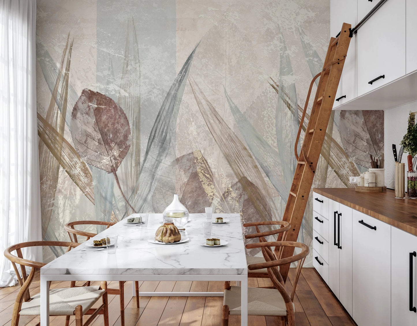 Dining room with Ethereal Leaves Cream Wall Mural and warm wood cabinetry