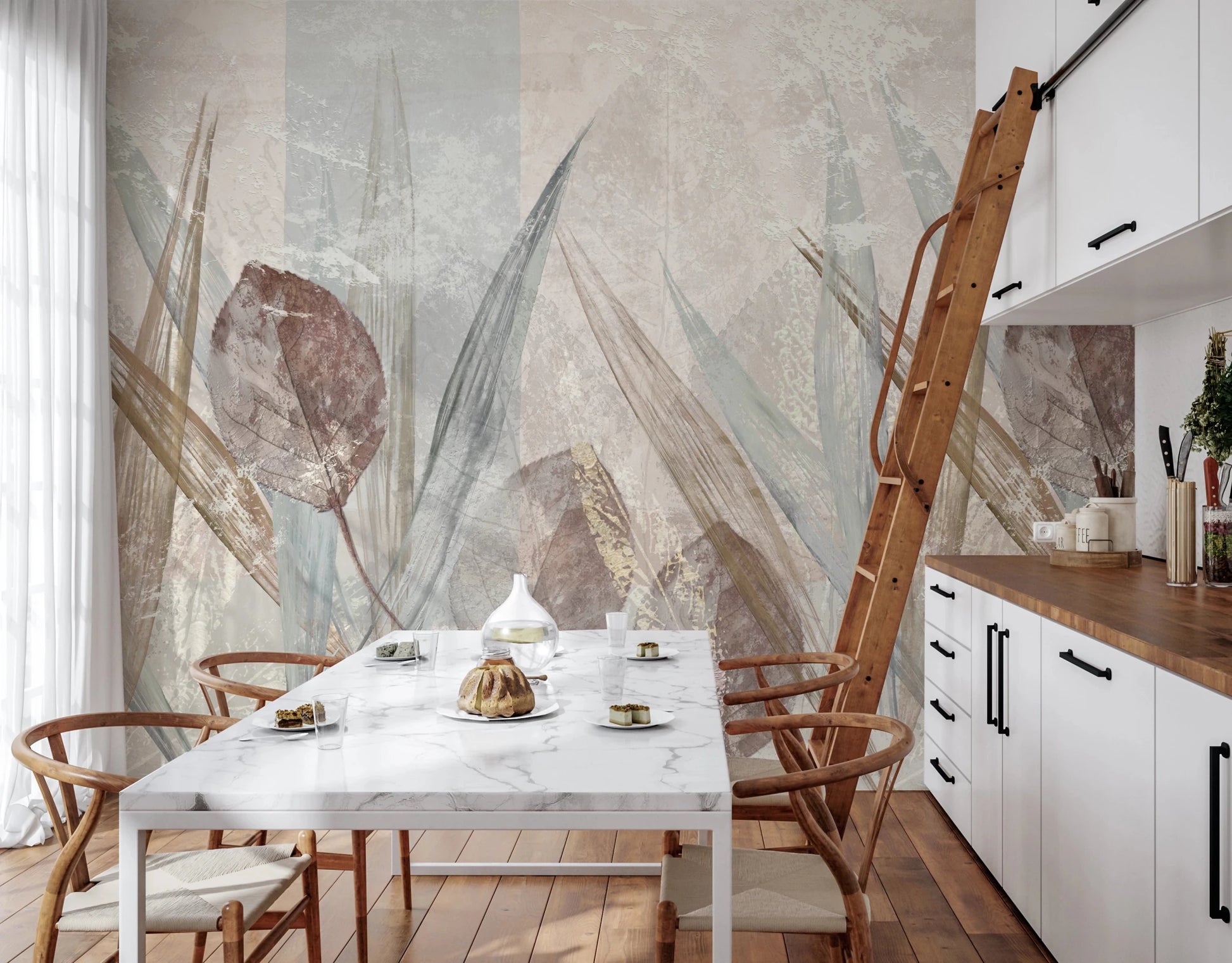 Dining room with Ethereal Leaves Cream Wall Mural and warm wood cabinetry