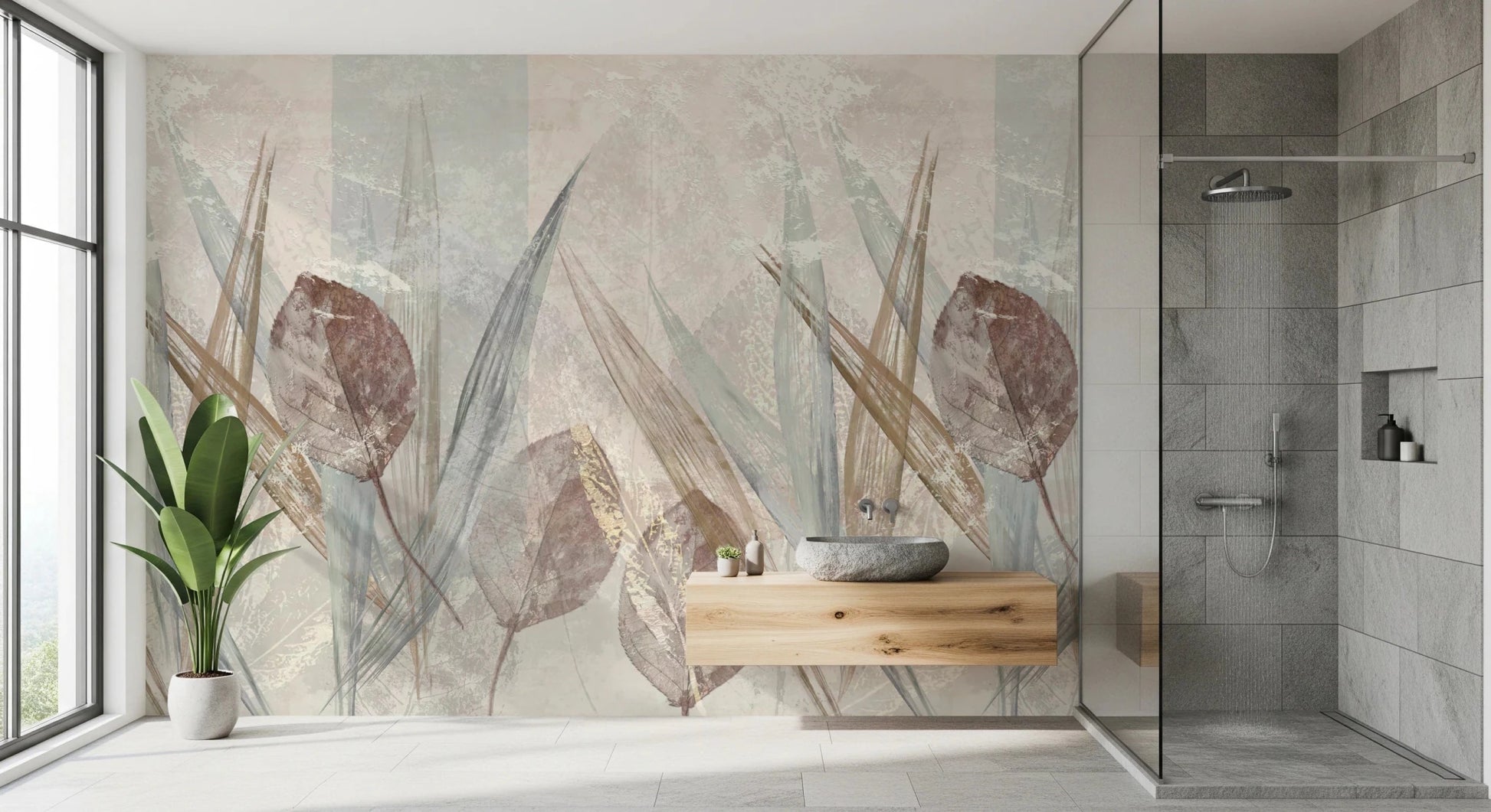 Bathroom with Ethereal Leaves Cream Wall Mural and a stone sink counter