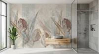 Bathroom with Ethereal Leaves Cream Wall Mural and a stone sink counter