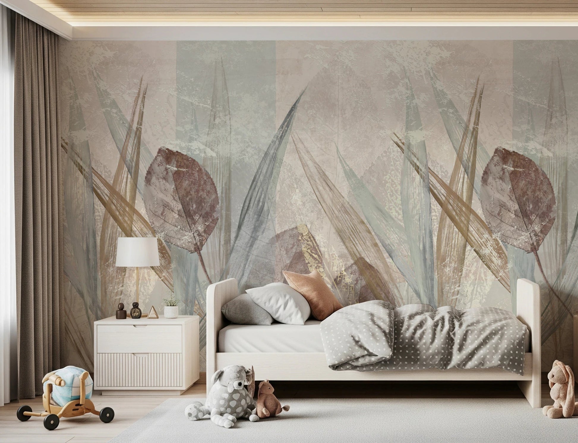 Bedroom with Ethereal Leaves Cream Wall Mural behind a softly styled bed