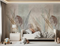 Bedroom with Ethereal Leaves Cream Wall Mural behind a softly styled bed