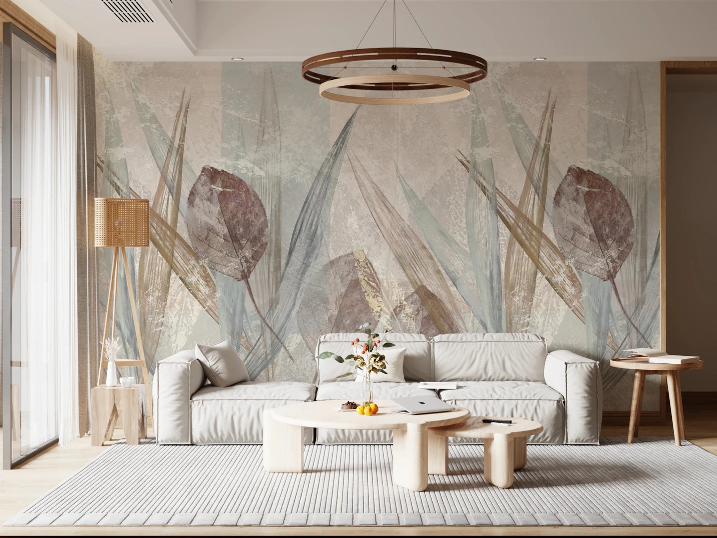 Sitting room with Ethereal Leaves Cream Wall Mural and a warm lounge setup