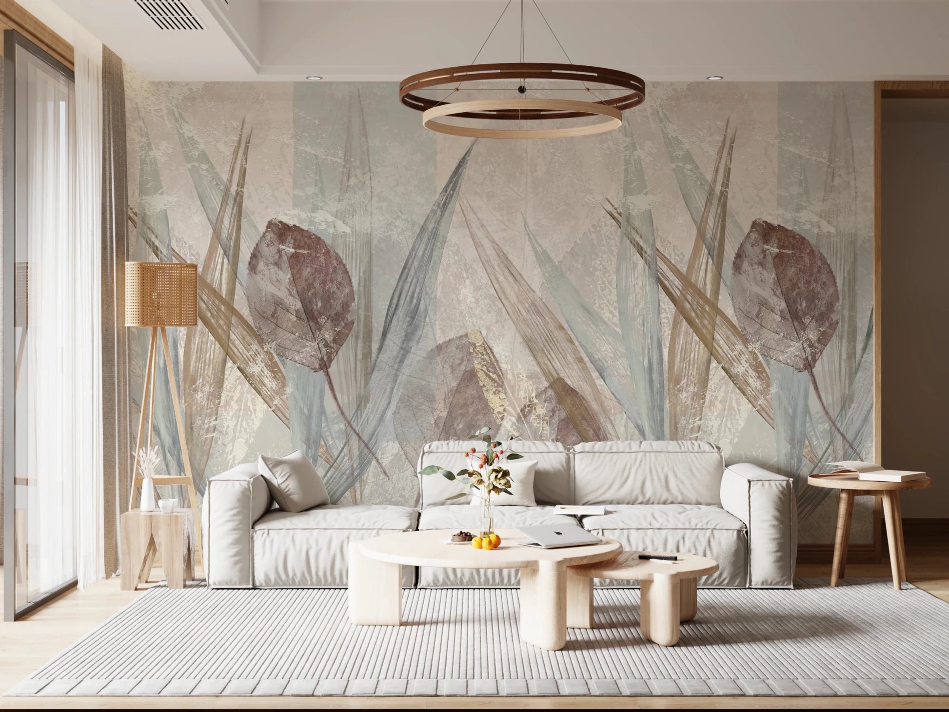 Sitting room with Ethereal Leaves Cream Wall Mural and a warm lounge setup