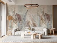 Sitting room with Ethereal Leaves Cream Wall Mural and a warm lounge setup