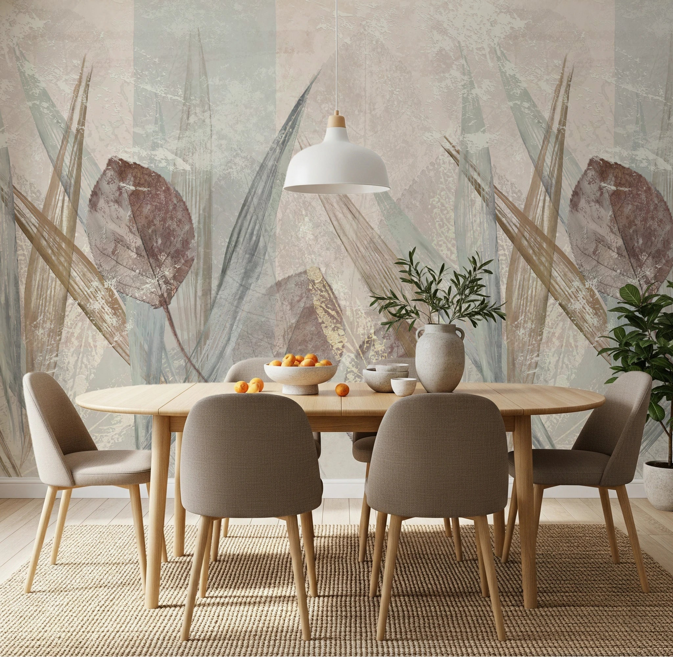 Dining room with Ethereal Leaves Cream Wall Mural and pendant lighting