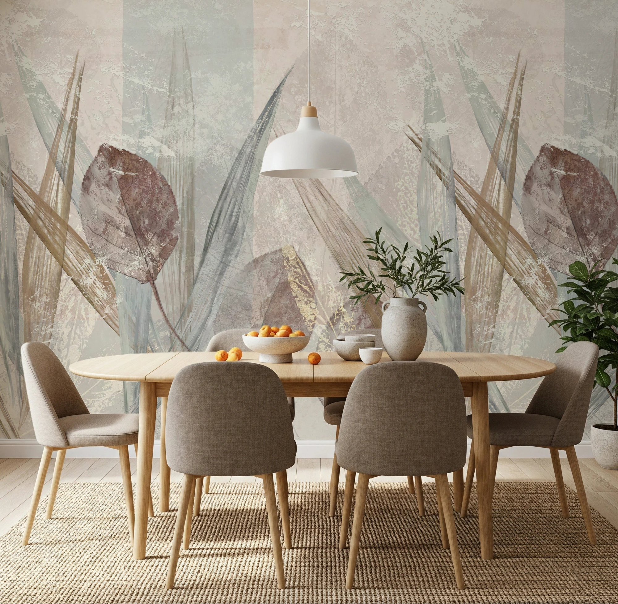 Dining room with Ethereal Leaves Cream Wall Mural and pendant lighting, GD8877