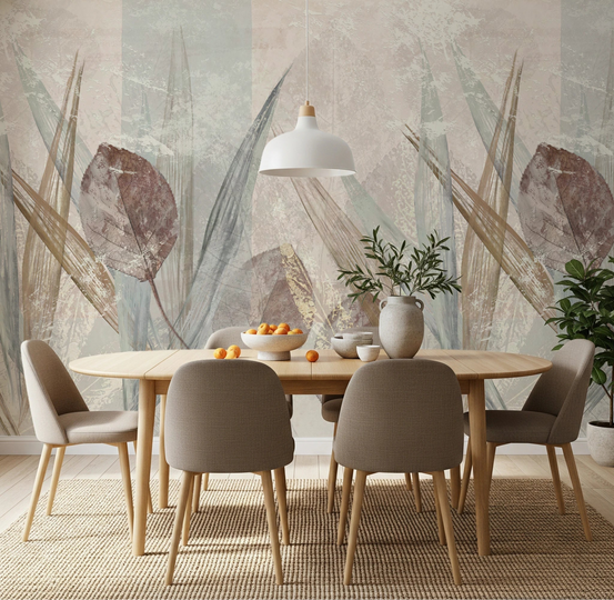 Dining room with Ethereal Leaves Cream Wall Mural and pendant lighting, GD8877