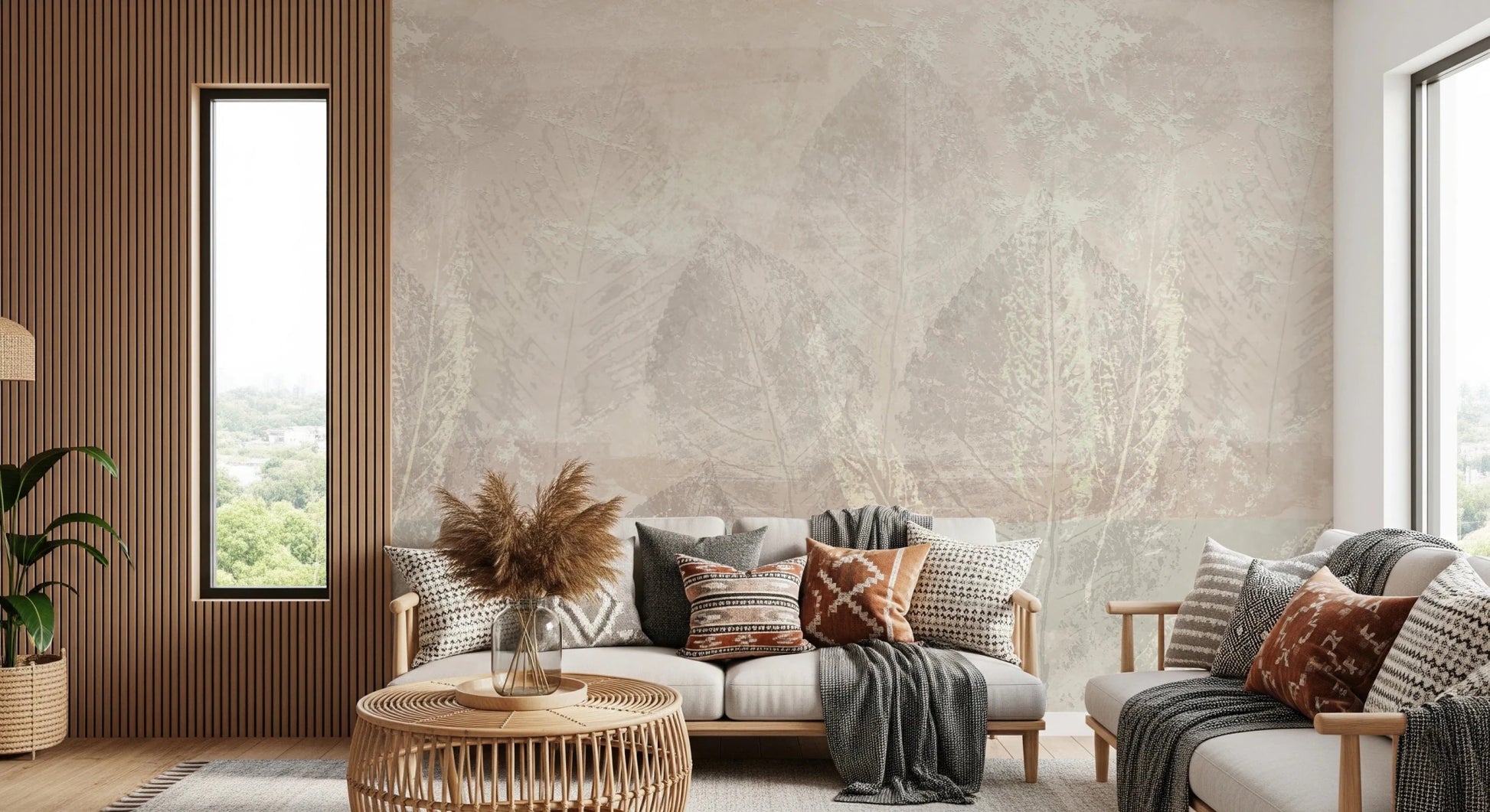 Living room with Ethereal Leaves Texture Cream Wall Mural and soft neutral decor