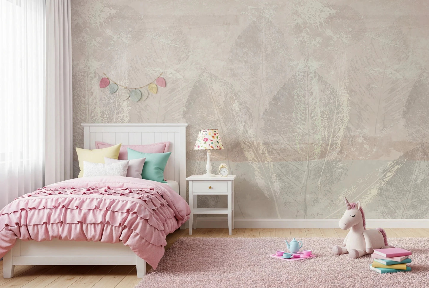 Kids room with Ethereal Leaves Texture Cream Wall Mural and a soft pink bed