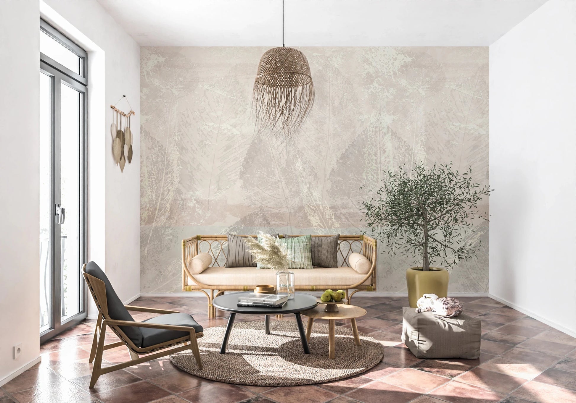 Living room with Ethereal Leaves Texture Cream Wall Mural and woven pendants