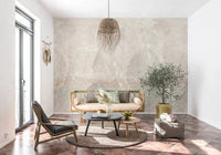 Living room with Ethereal Leaves Texture Cream Wall Mural and woven pendants