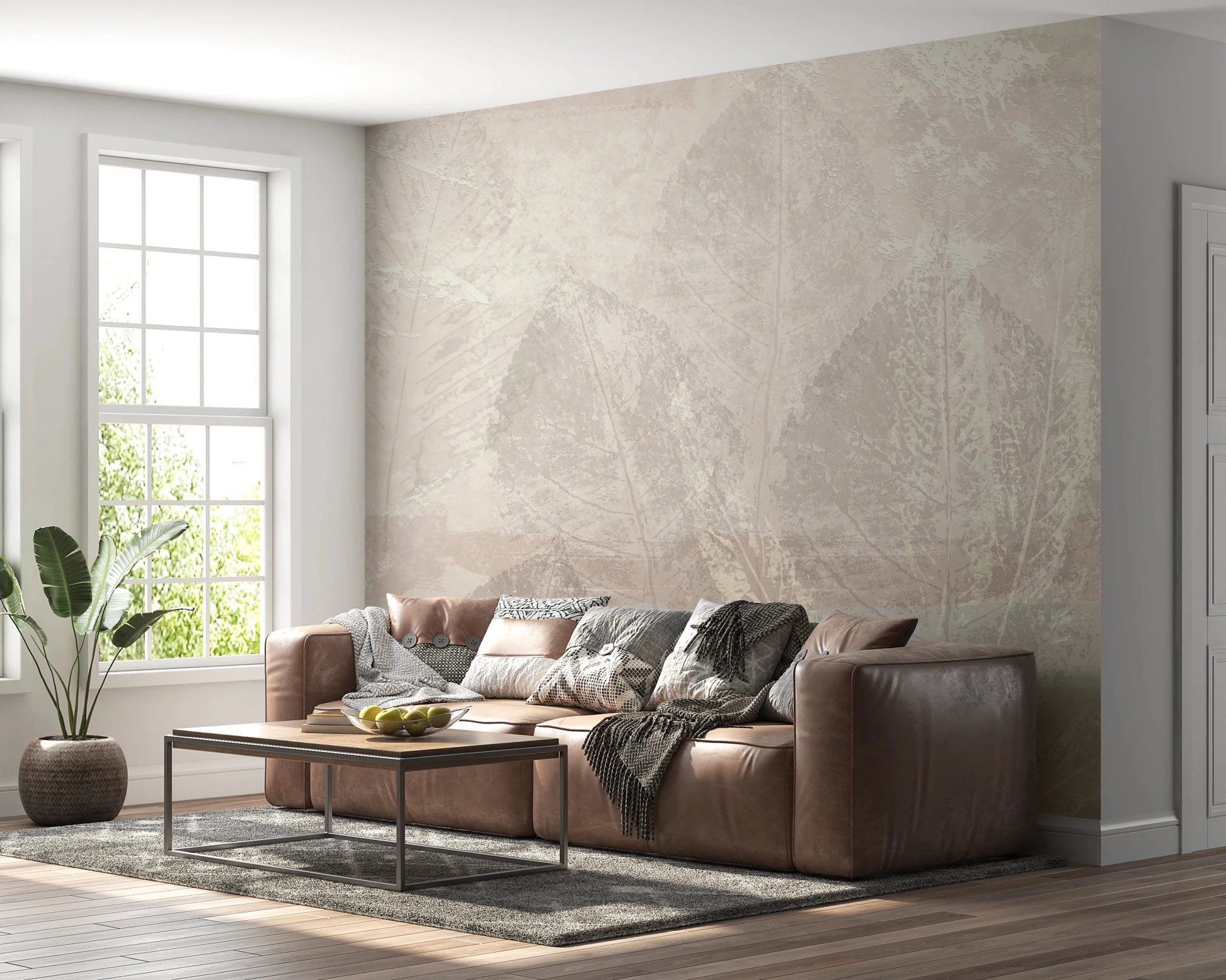 Sunlit living room with Ethereal Leaves Texture Cream Wall Mural and cozy sofa