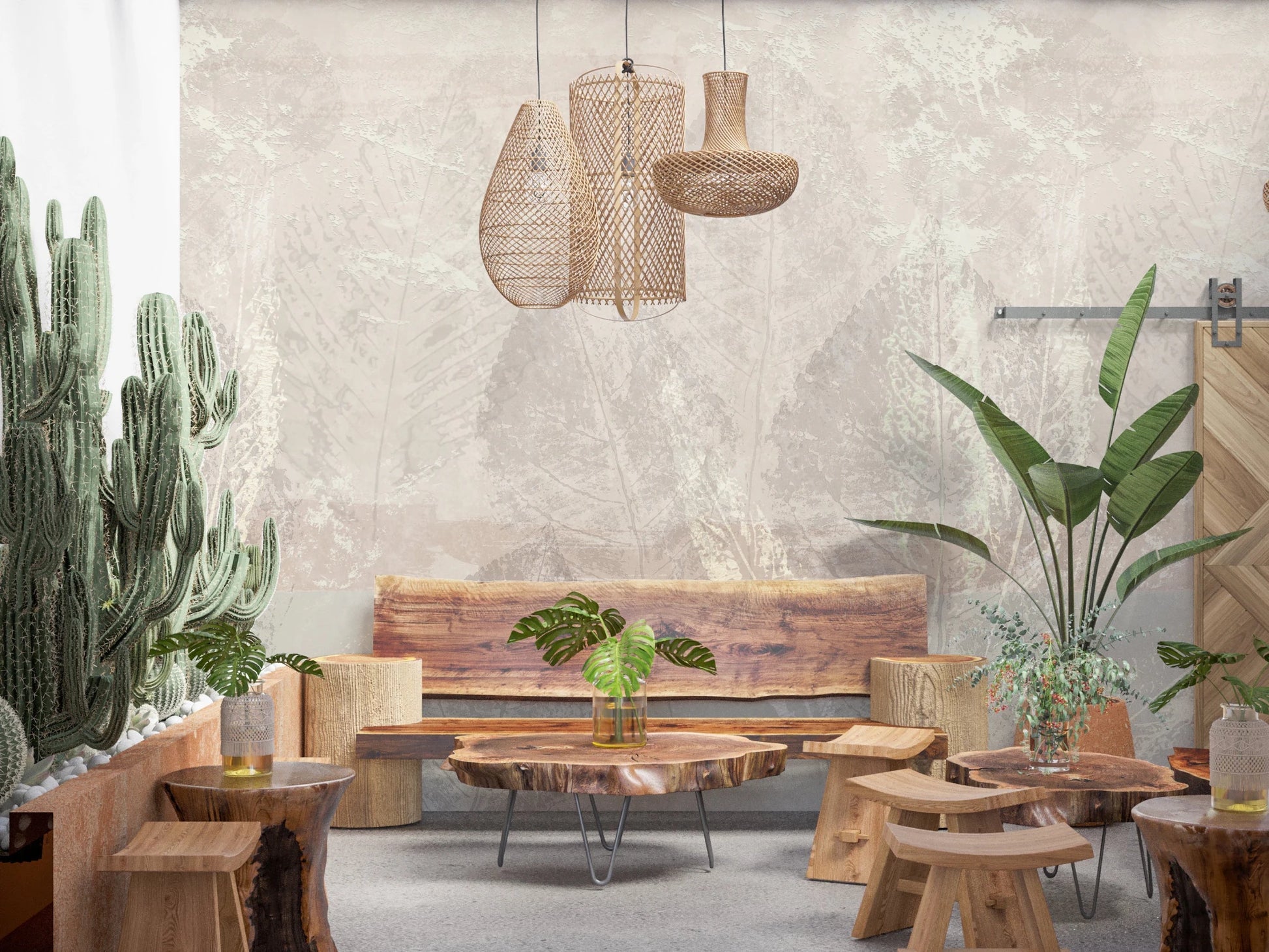 Dining area with Ethereal Leaves Texture Cream Wall Mural and natural textures