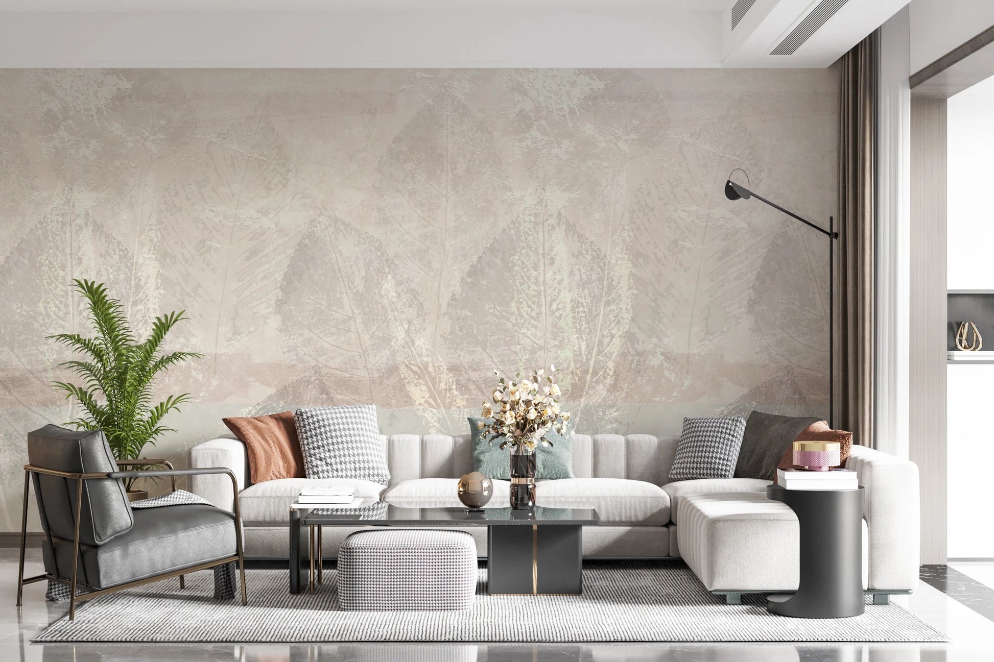 Lounge with Ethereal Leaves Texture Cream Wall Mural and a light sofa setup