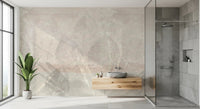Bathroom with Ethereal Leaves Texture Cream Wall Mural and warm stone accents