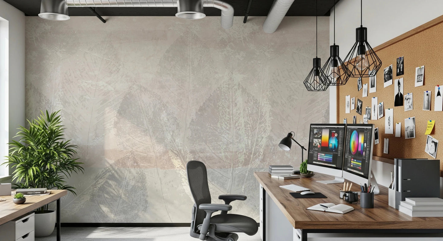 Workplace with Ethereal Leaves Texture Cream Wall Mural and open shelving