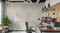 Workplace with Ethereal Leaves Texture Cream Wall Mural and open shelving