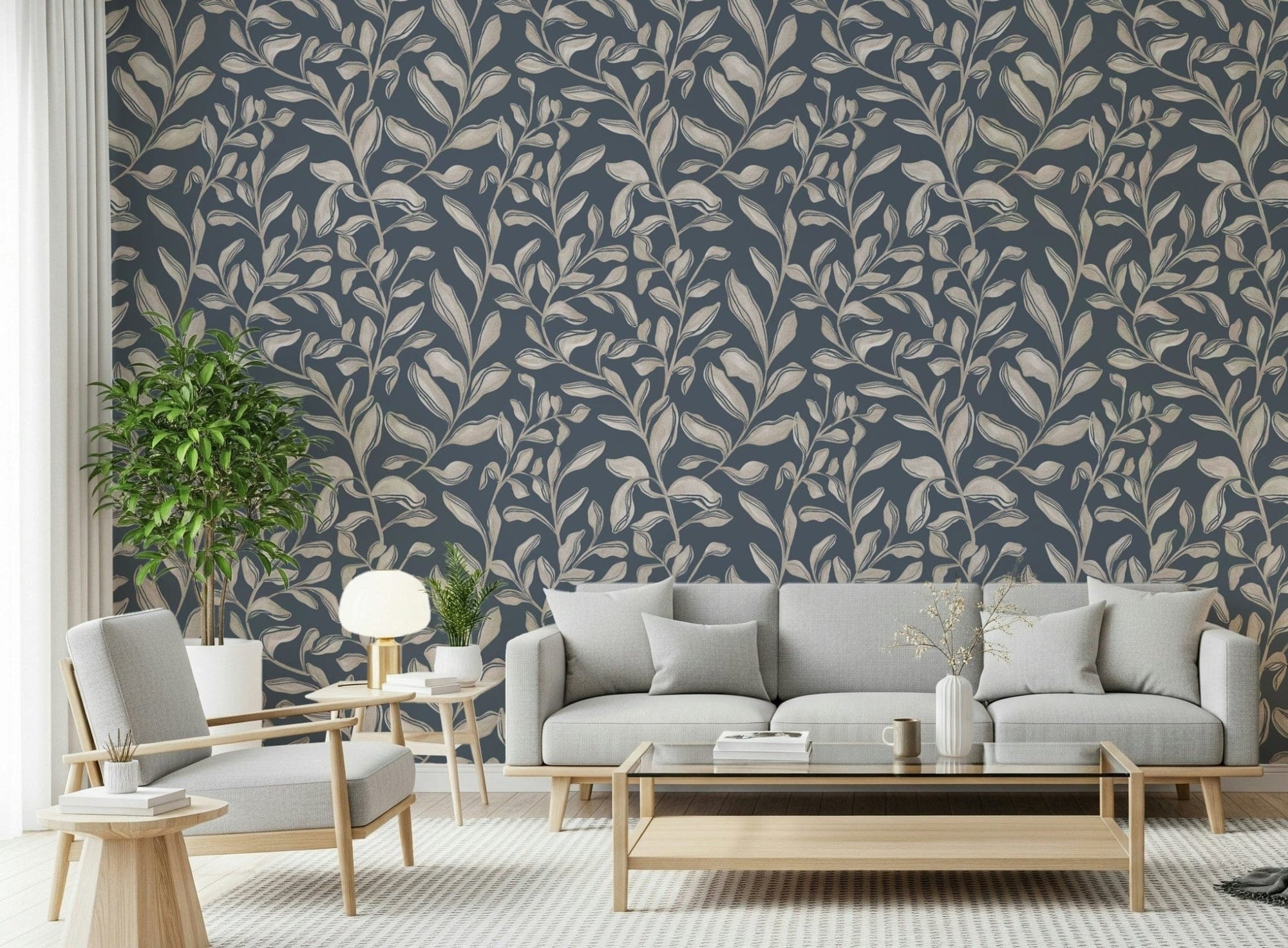 Ethereal Leaves wallpaper showing taupe foliage on a deep navy ground GD7424
