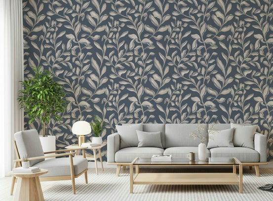 Ethereal Leaves wallpaper showing taupe foliage on a deep navy ground GD7424
