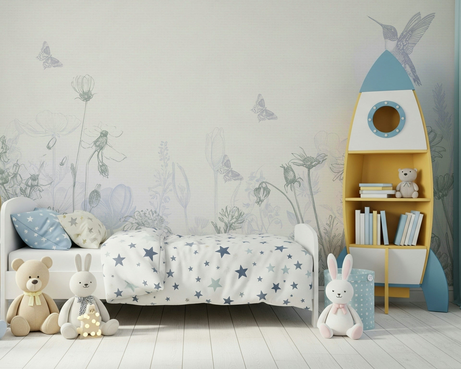 A beautiful ethereal meadow wallpaper mural with soft, misty light.