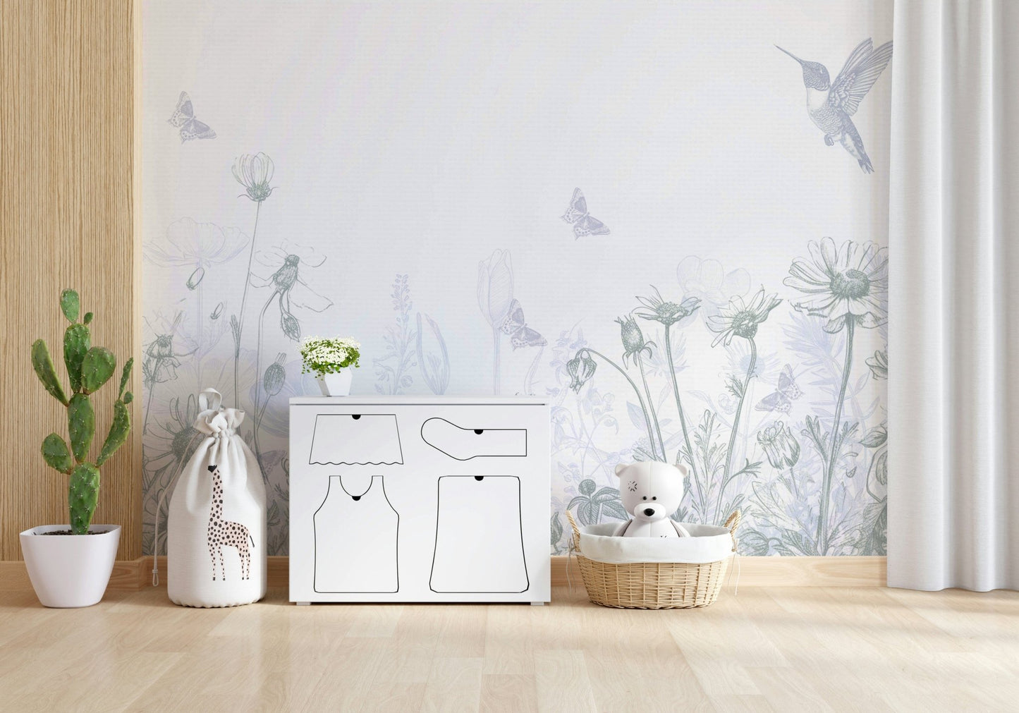 A peaceful open country mural on decorative wallpaper.