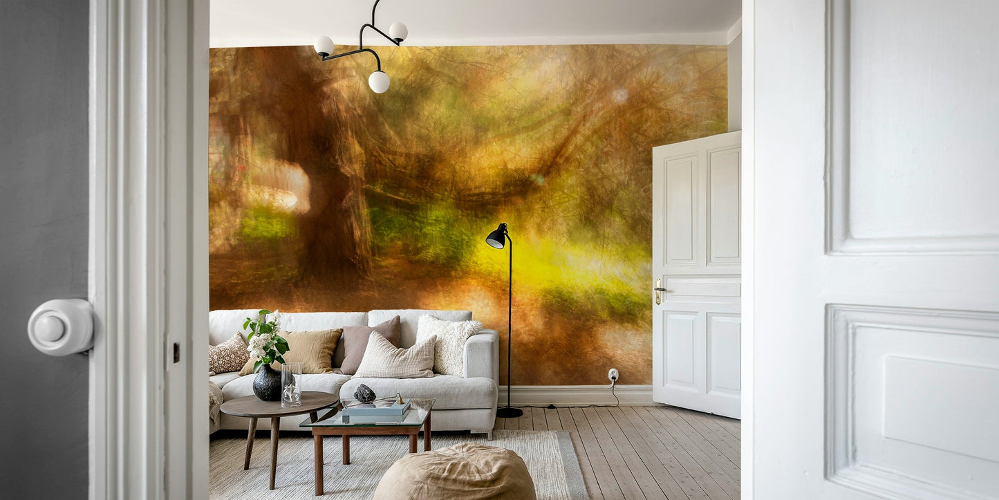 Dreamy forest scene with blurred light.

