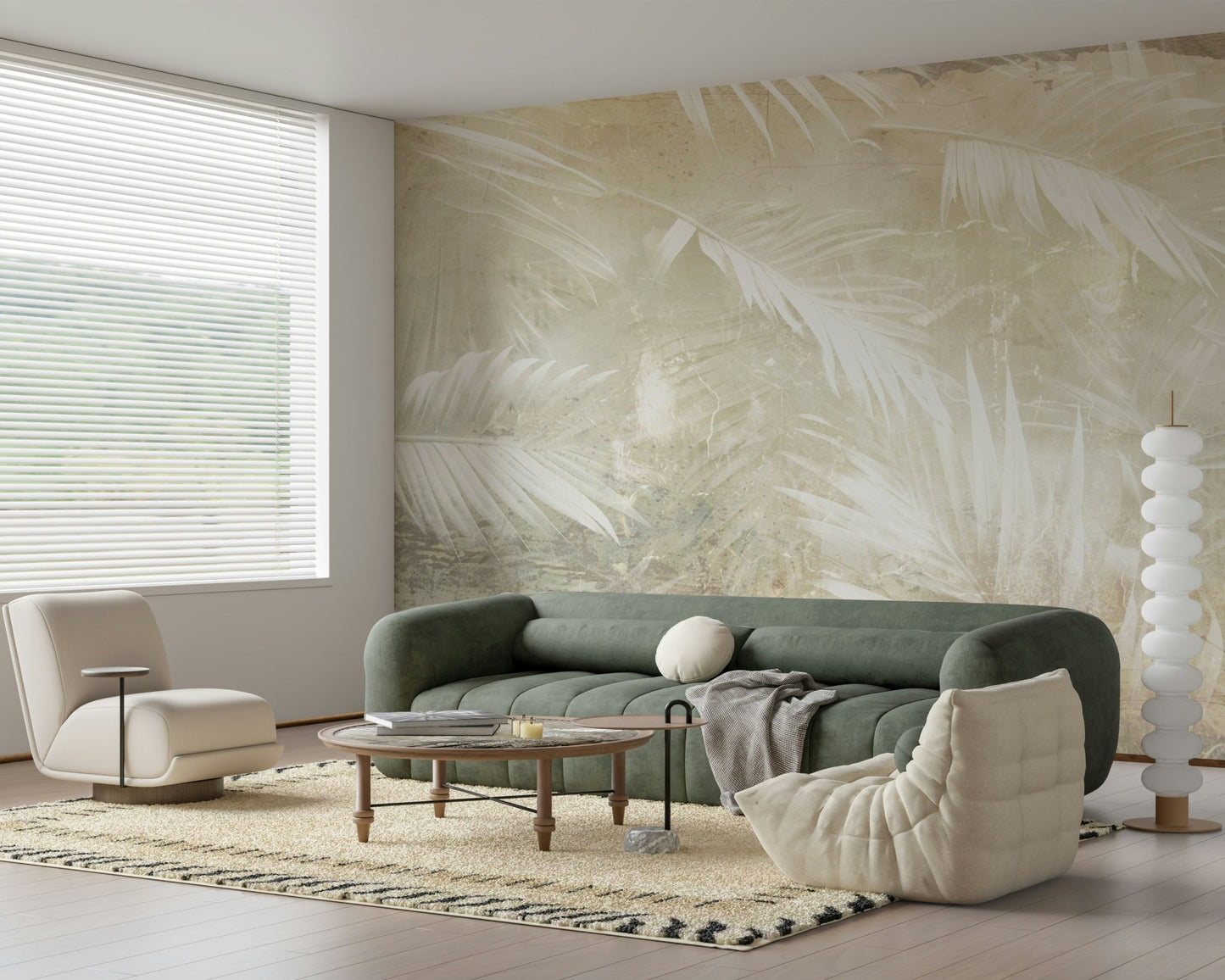 A peaceful coastal vista mural on decorative wallpaper.