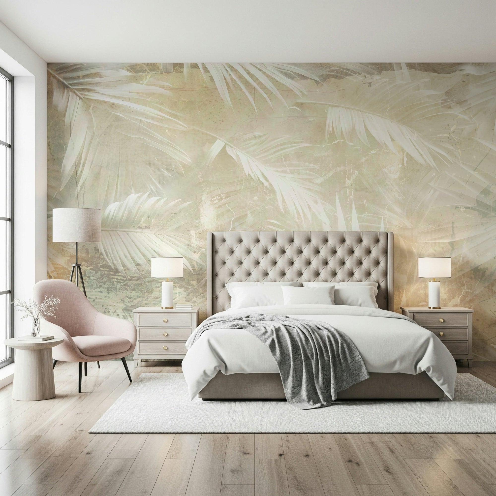 A beautiful ethereal palm tree wallpaper mural with soft, misty light., GD5695