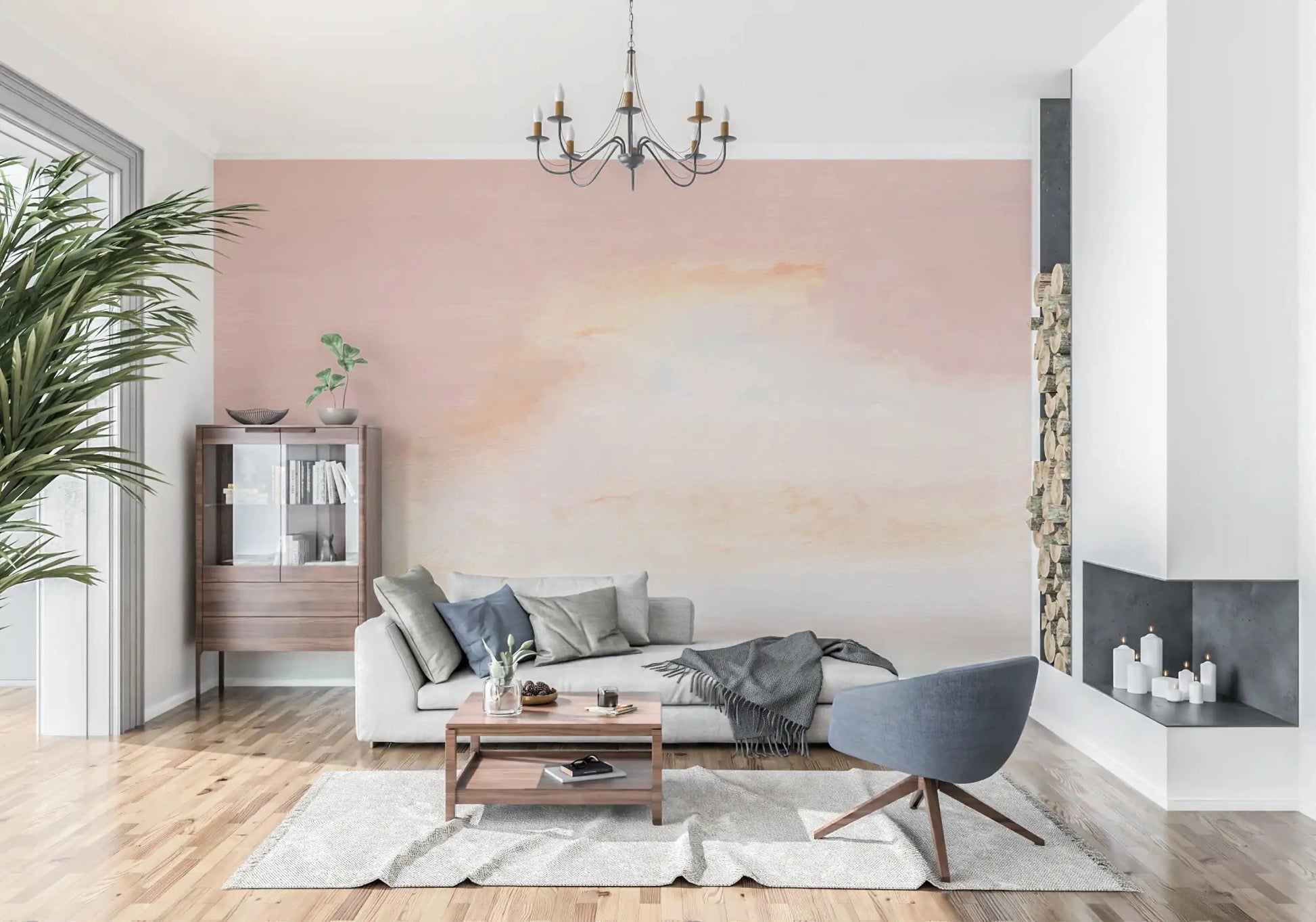 Airy watercolor sky of the Ethereal Pastel Horizon Wall Mural in this living room.