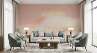 Expansive pink and cream sky on the Ethereal Pastel Horizon Wall Mural in a lounge area.
