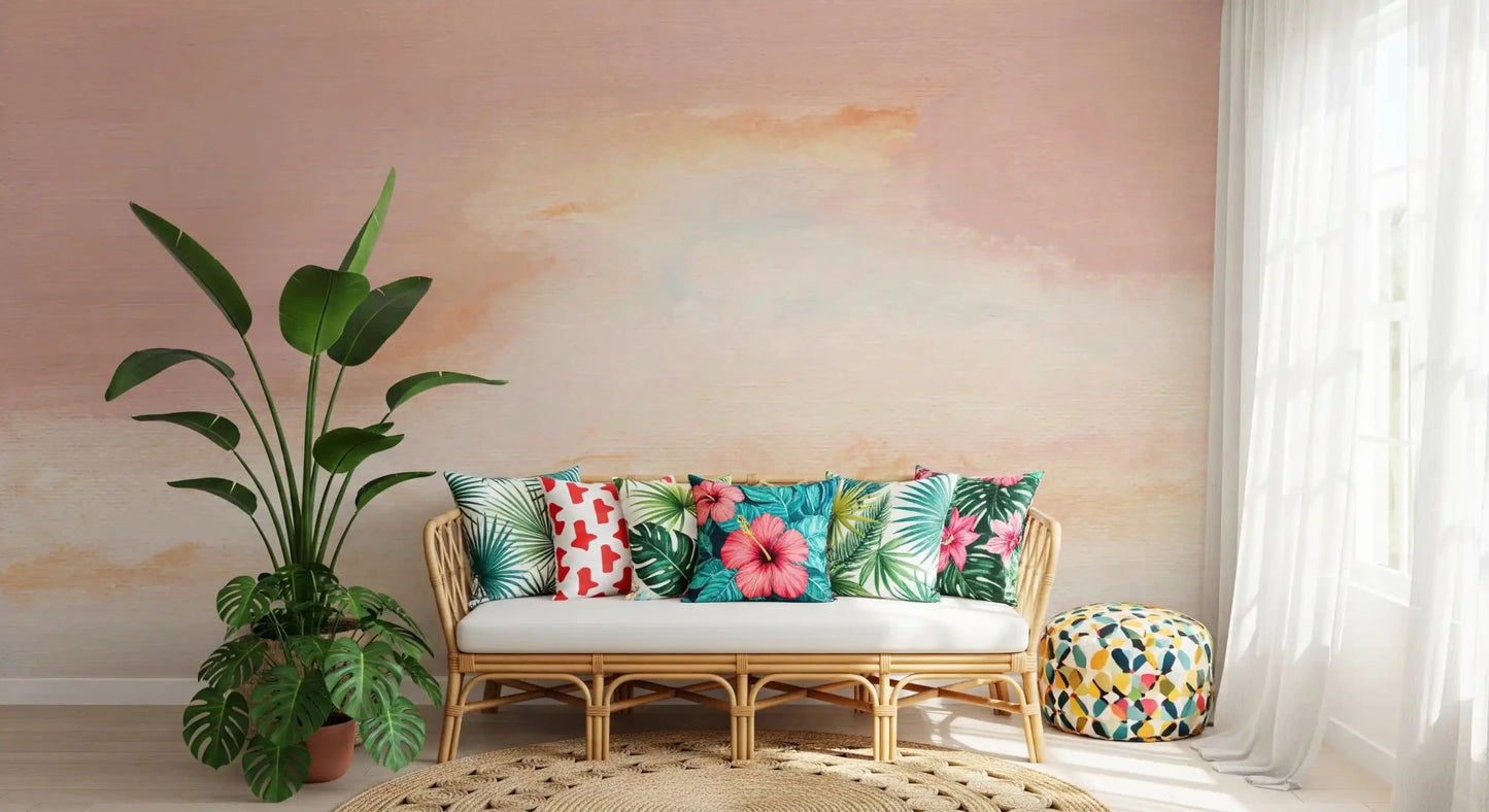 Ethereal Pastel Horizon Wall Mural features a soft blend of rose and golden sky hues.