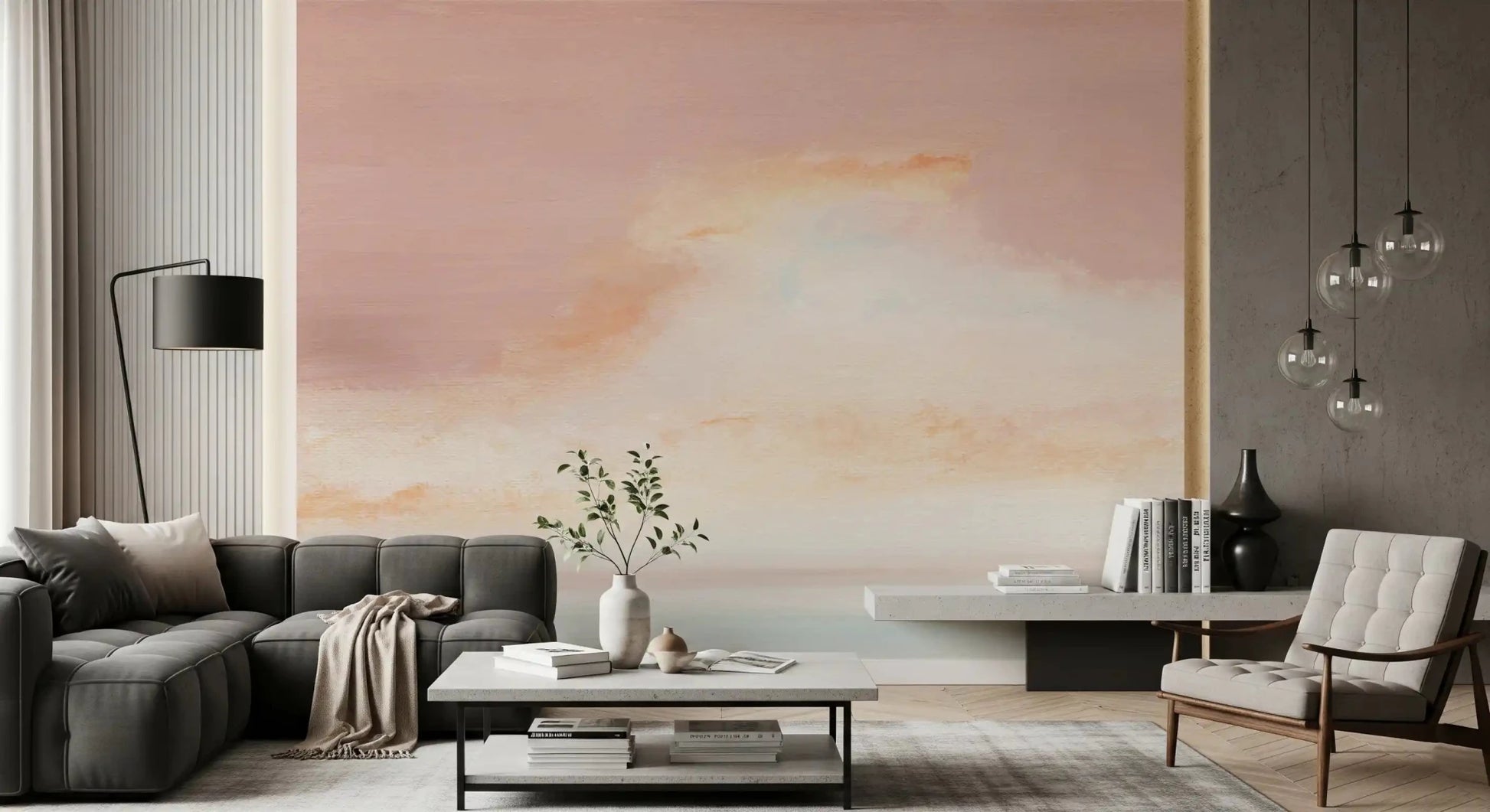A hazy and misty watercolor landscape makes up the Ethereal Pastel Horizon Wall Mural.