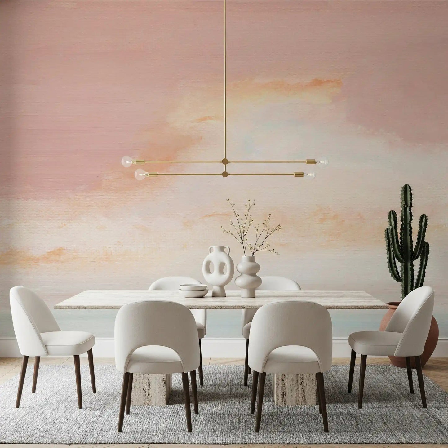Ethereal Pastel Horizon Wall Mural brings soft sunset tones to this dining area.