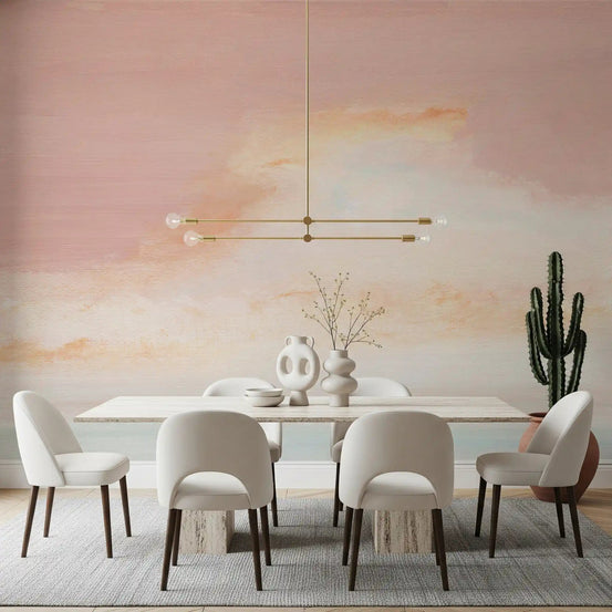 Ethereal Pastel Horizon Wall Mural brings soft sunset tones to this dining area., GD9116